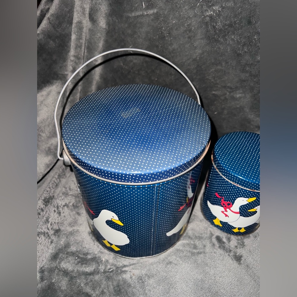 Vintage Navy Blue Polka Dot Goose Geese Duck Tin Box Canisters One With Handle - Picture 2 of 16